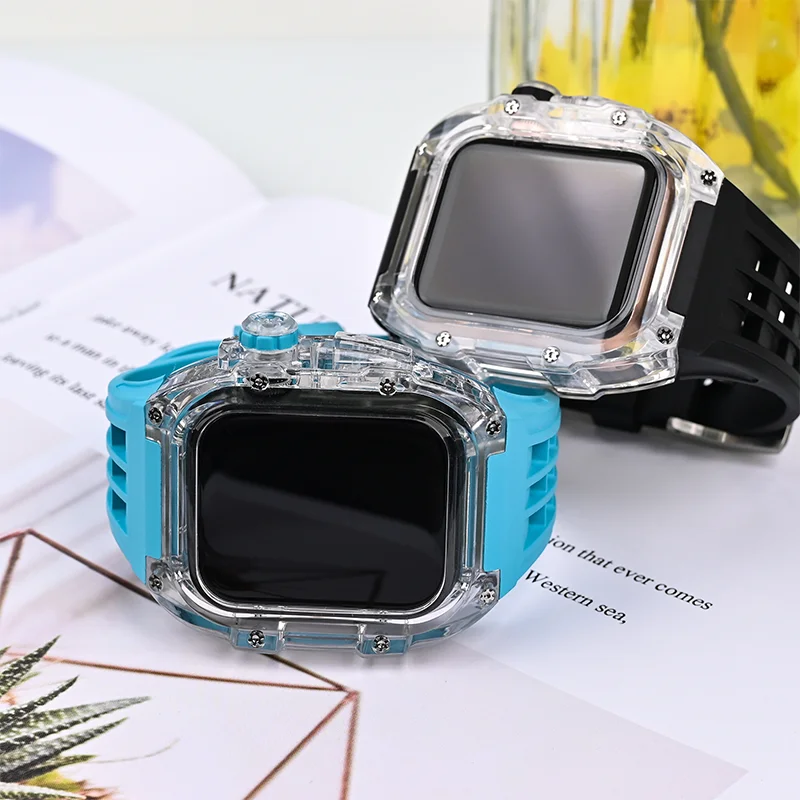 

For Apple Watch 45mm 44mm Case Silicone Band for iWatch Series 8 7 45mm 6 5 4 SE 44mm Heavy Duty Metal Case Strap Men's Full Pr