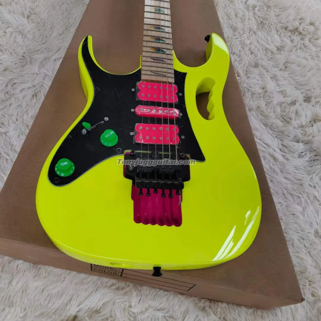 

Steve Vai Jem 7V 24 Frets 77 yellow Left hand Electric Guitar Scalloped Fingerboard & Pyramid Inlay,Floyd Rose Tremolo,