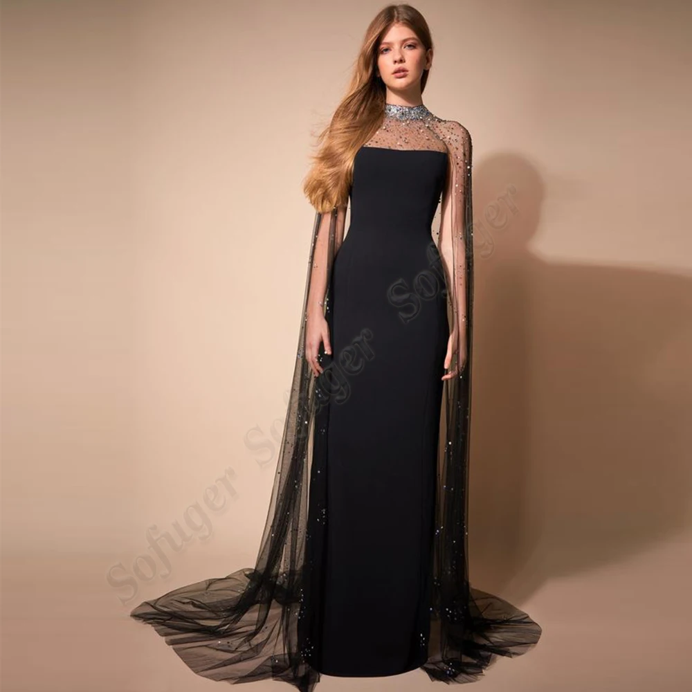 

SOFUGE High Neck Pageant Evening Dresses For Women Long Luxury With Cape Couture Crystals Beading Robes De Soirée Customised
