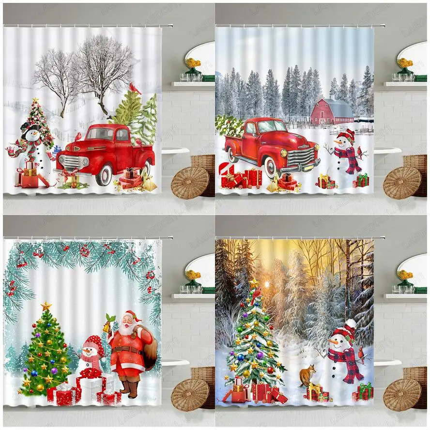 

Рождественская занавеска для душа, декор для ванной комнаты, снеговик, Санта-Клаус, красный грузовик, Рождественская елка, зимний природный ...