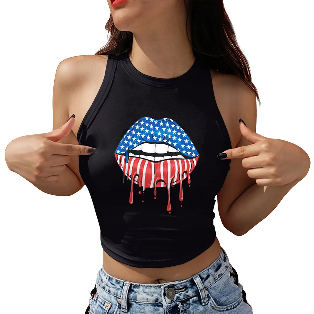 

GA123-1006 Large Lips Digital Print US Independence Day Tight Sexy Round Neck Short Bottomed Vest Women Tank Top