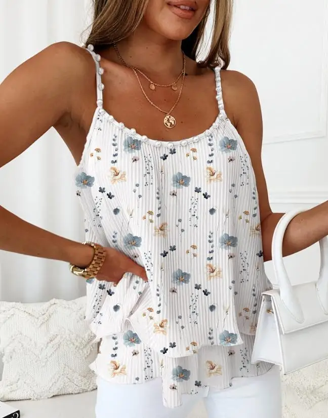 

Top Women 2023 Summer Fashion Pearl Decor Floral Print Layered Casual V-Neck Spaghetti Strap Daily Vacation Cami Top Y2K Clothes
