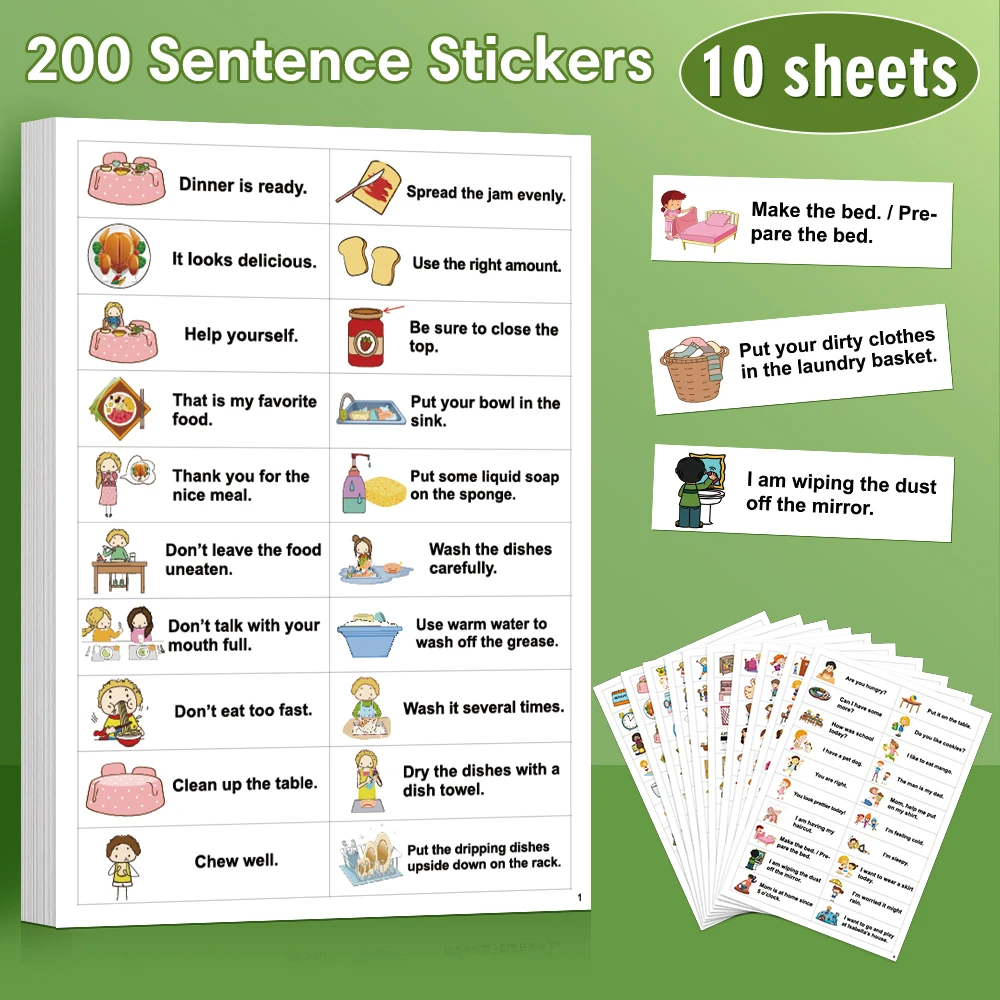 200Pcs Stickers Family Daily Routines Sentences for Kids Learning Toy Montessori Teacher Teaching Aids English Educational Label
200Pcs Stickers Family Daily Routines Sentences for Kids Learning Toy Montessori Teacher Teaching Aids English Educational Label