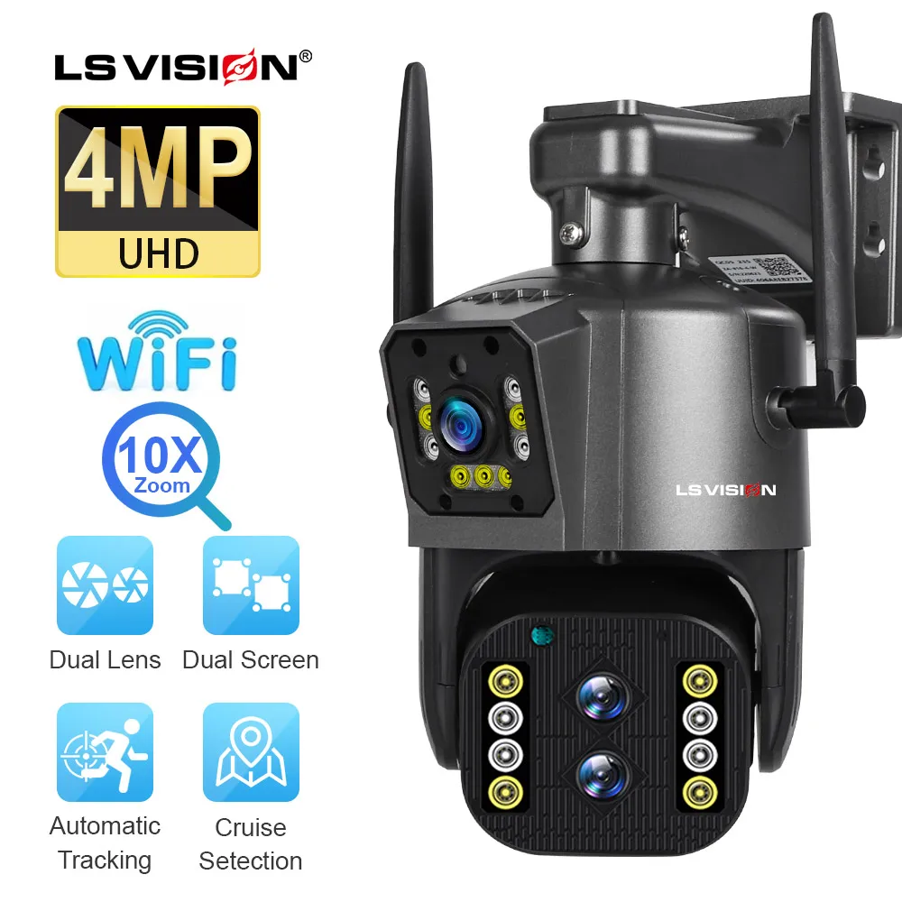 

IP-камера LS VISION 2K 4 МП PTZ с тремя объективами, двойной экран, Wi-Fi, наружная камера безопасности с функцией обнаружения человека, автоматическое ...