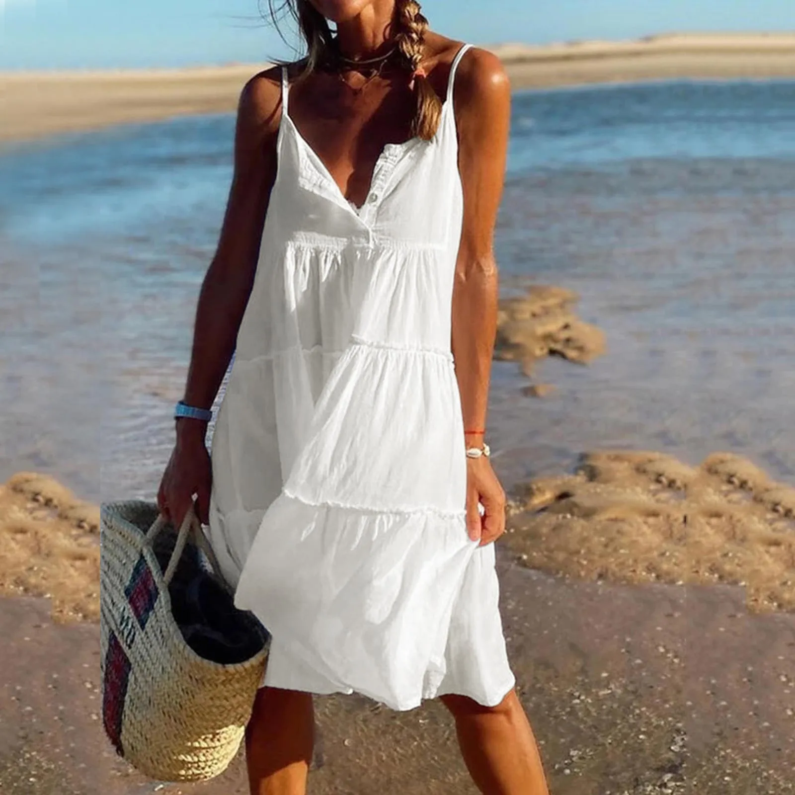 Fashion Sleeveless Basic Pure Color Summer Dress Sweet Girls Button Spaghetti Straps Casual Loose Vestidos Beach Mini Slip Dress
Fashion Sleeveless Basic Pure Color Summer Dress Sweet Girls Button Spaghetti Straps Casual Loose Vestidos Beach Mini Slip Dress
