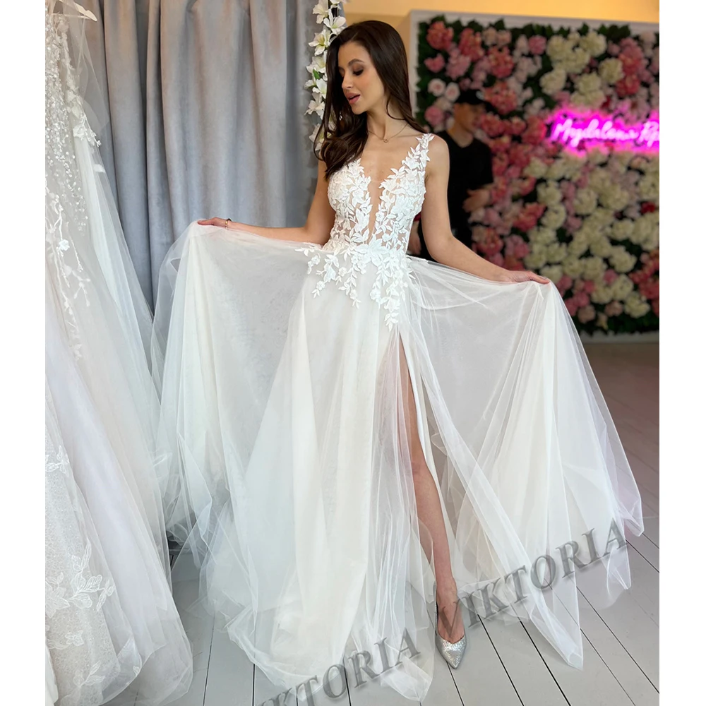 

VIKTORIA Modern Wedding Dress For Woman Marriage Tank Sweetheart High Slit Tulle A-LINE Appliques Vestidos De Novia Custom Made