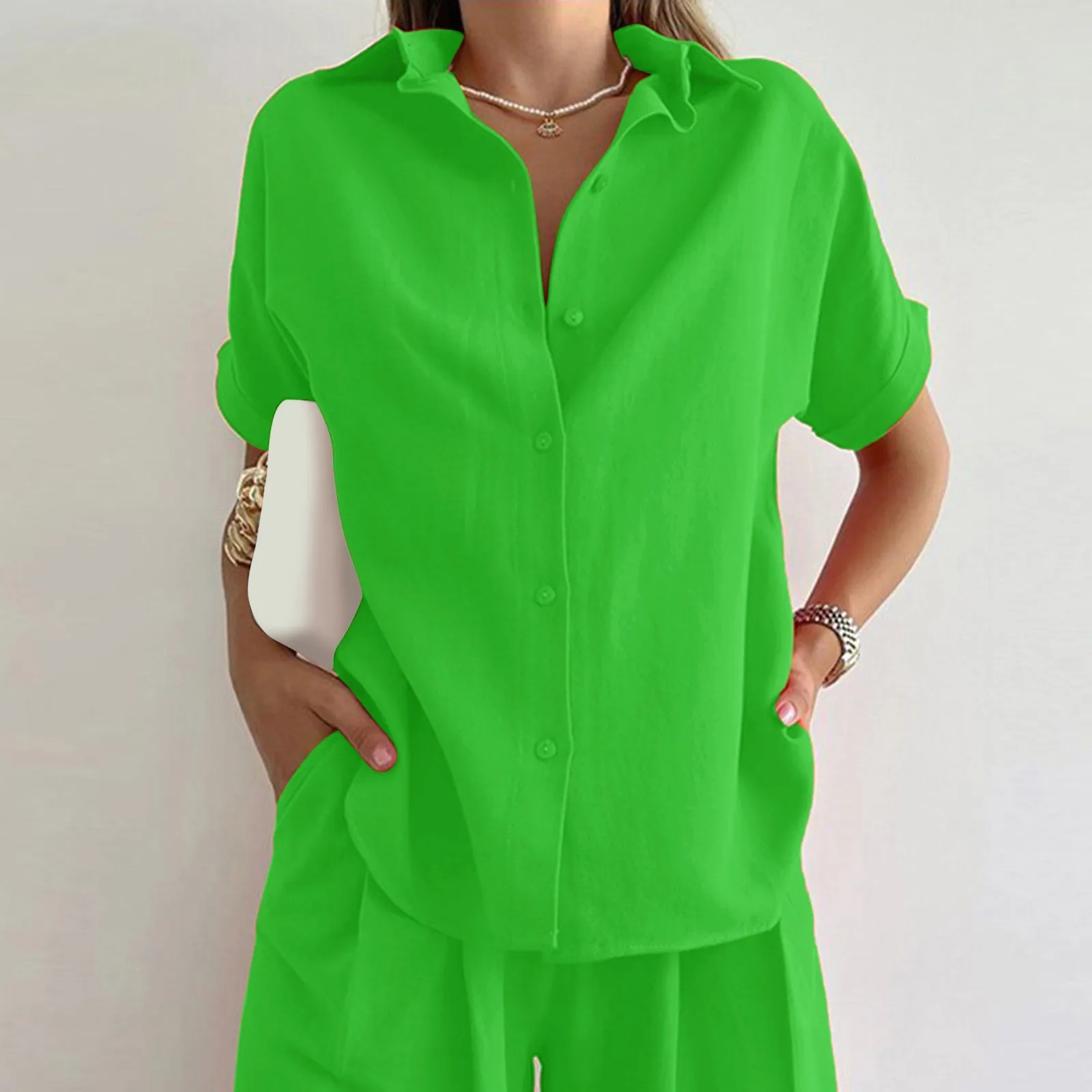 Oversized Summer Trousers Suits 2PCS Women Matching Sets Fashion Short Sleeve Blouse Wide Leg Pants Sets Loose Tracksuit 
Oversized Summer Trousers Suits 2PCS Women Matching Sets Fashion Short Sleeve Blouse Wide Leg Pants Sets Loose Tracksuit