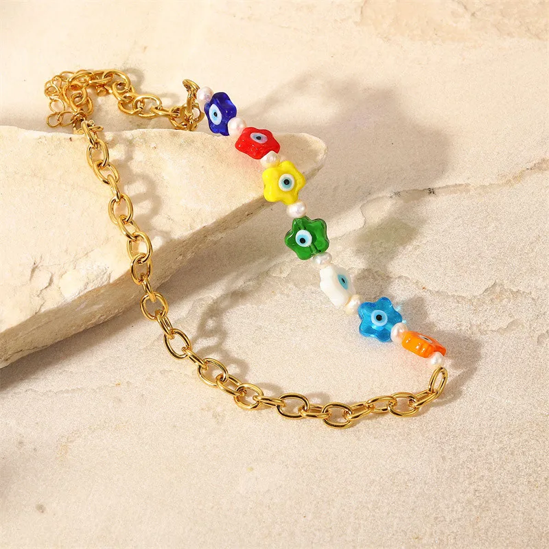 Fashion 18K Gold Surgical Steel Jewellery Colorful Glass Eyes Flower Splicing Thick Cross Chain Pearls Necklace Women JDN21034
Fashion 18K Gold Surgical Steel Jewellery Colorful Glass Eyes Flower Splicing Thick Cross Chain Pearls Necklace Women JDN21034