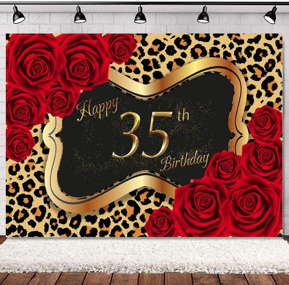 

Leopard Print Red Rose Photography Backdrop For Woman's 35th Birthday Party Background Banner Dessert Table Decor Poster