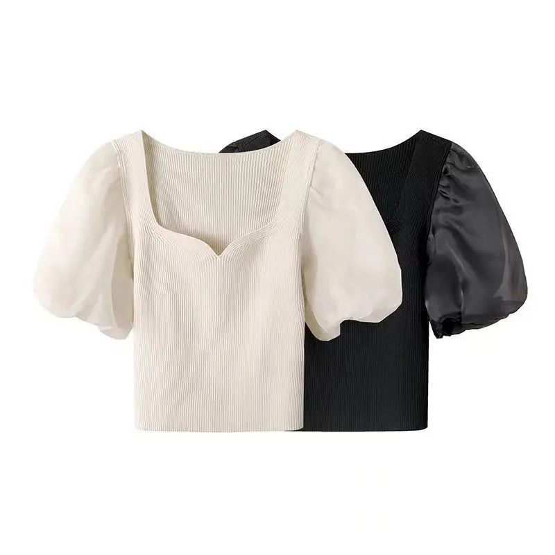 2023 Summer New Little Fragrance Fashion Unique Mesh Bubble Sleeve Knitted T-shirt Women's French Slim Fit Women 
2023 Summer New Little Fragrance Fashion Unique Mesh Bubble Sleeve Knitted T-shirt Women's French Slim Fit Women