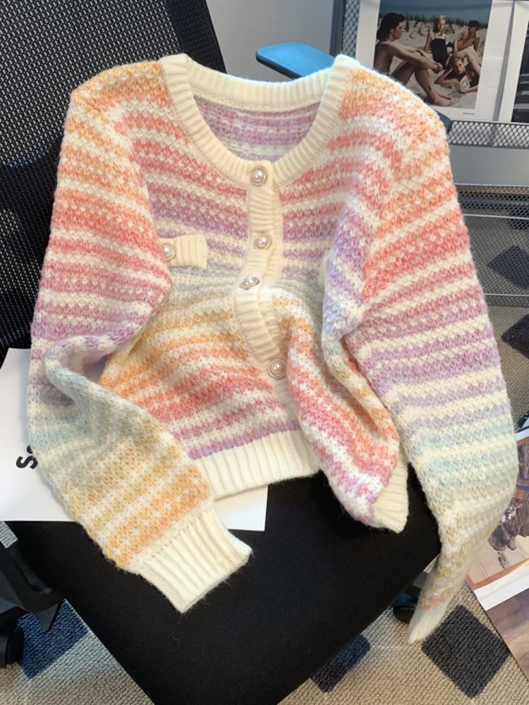 QOERLIN Rainbow Striped Sweater Cardigan Women Winter Warm Sweaters Buttons Knitwear Long Sleeve Fashion Loose Casual Streetwear
QOERLIN Rainbow Striped Sweater Cardigan Women Winter Warm Sweaters Buttons Knitwear Long Sleeve Fashion Loose Casual Streetwear