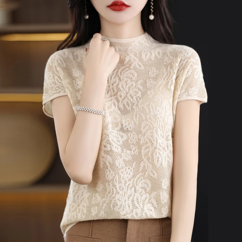 

Summer Lace Jacquard Short Sleeve Spinning Wool Thin Half Height T-Shirt Women's Korean Fashion High End Chic Top 2023 New