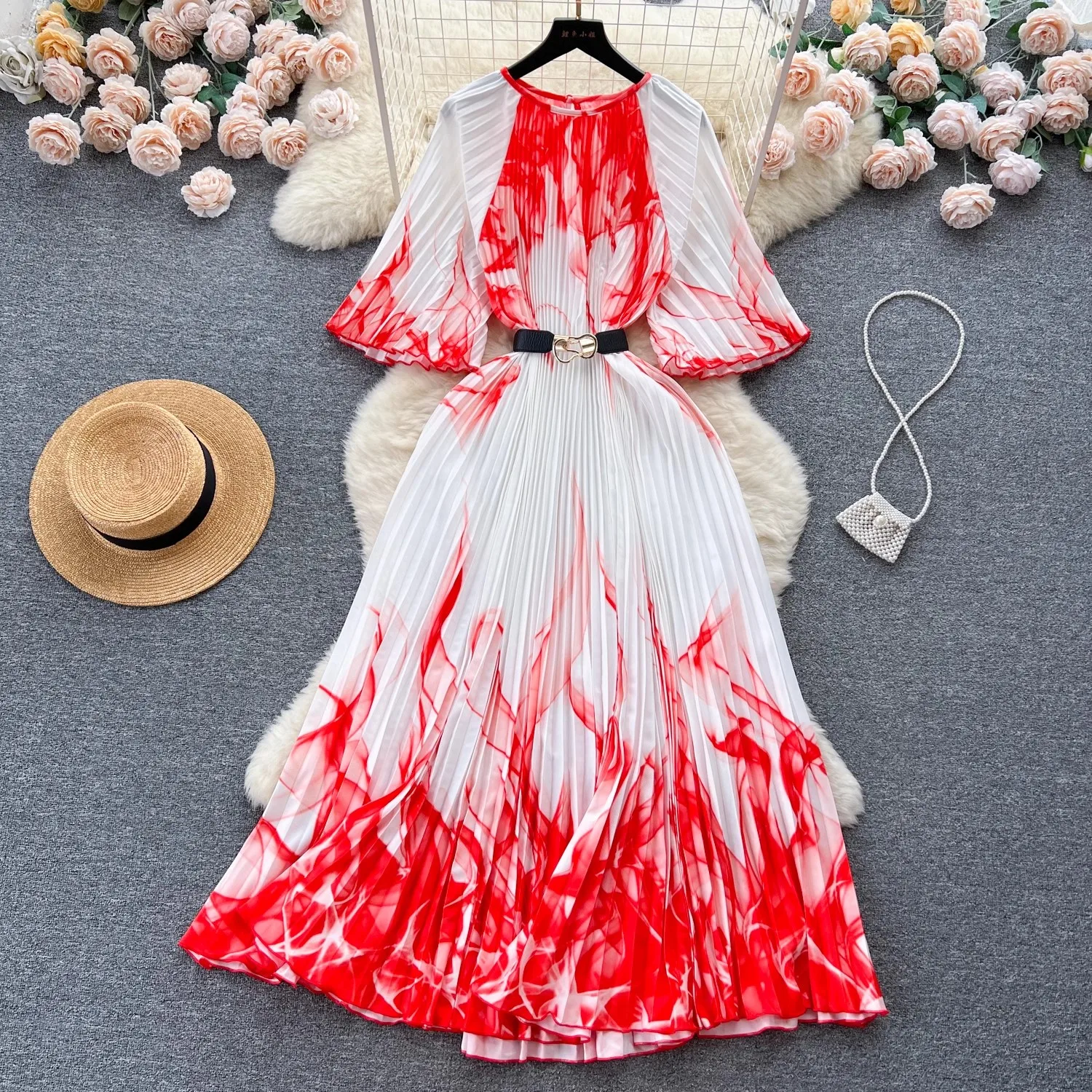 

Женское пляжное платье с леопардовым принтом, плиссированное платье контрастных цветов с коротким рукавом, новинка 2024