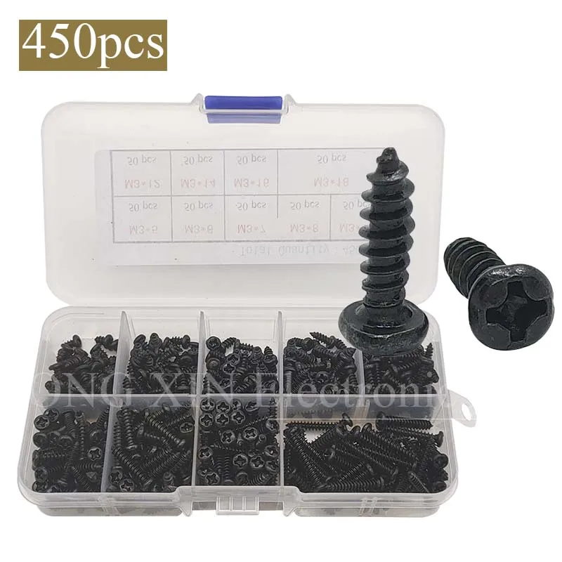 M3 Self Tapping Screws, 450pcs Black Carbon Steel M3*5/6/7/8/10/12/14/16/18 Cross Pan Head Machine Fastener Assortment Kit
M3 Self Tapping Screws, 450pcs Black Carbon Steel M3*5/6/7/8/10/12/14/16/18 Cross Pan Head Machine Fastener Assortment Kit