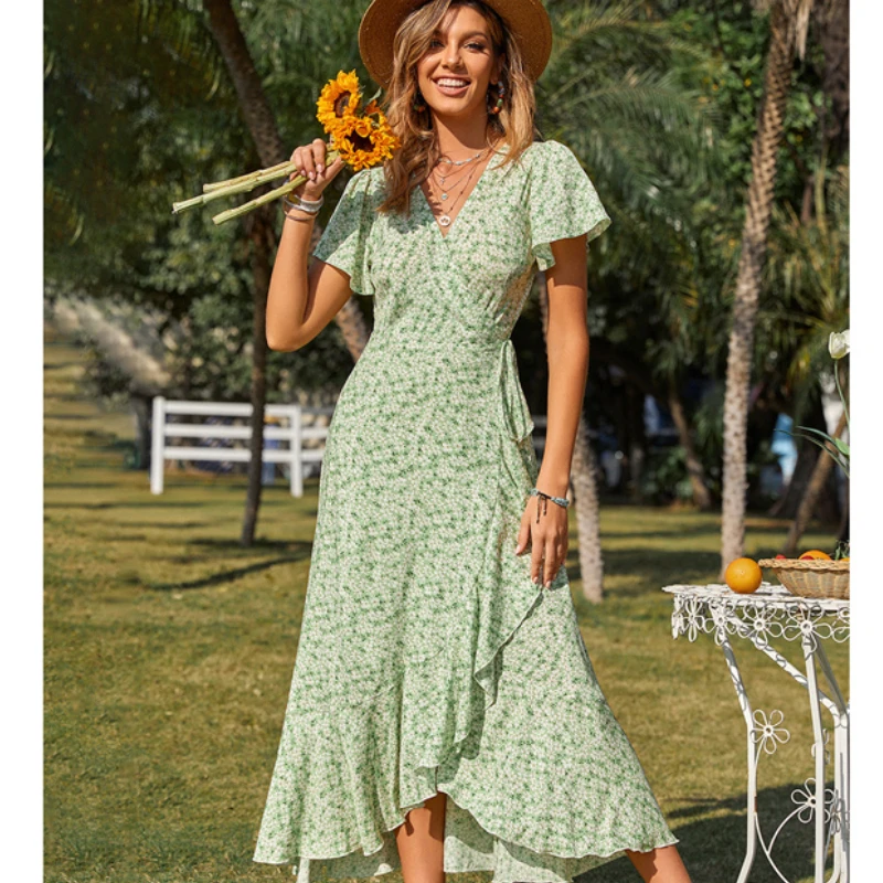Women Vintage Floral Print Bohemian Dresses Elegant Short Sleeve Ruffle Beachwear V Neck Summer Split Maxi Dress Vestidos 
Women Vintage Floral Print Bohemian Dresses Elegant Short Sleeve Ruffle Beachwear V Neck Summer Split Maxi Dress Vestidos