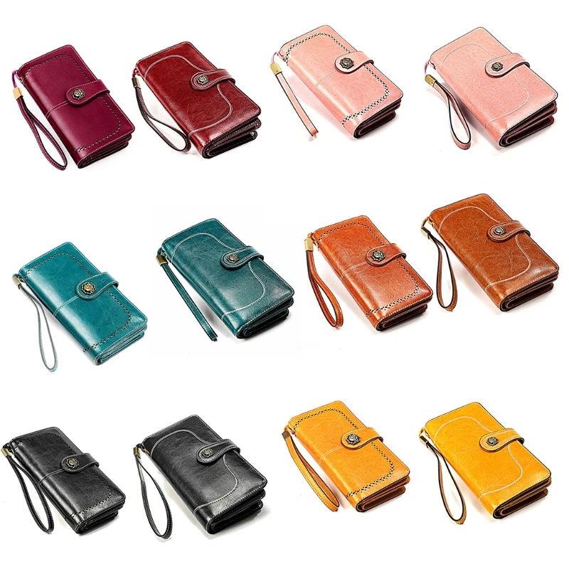 

28GD Ladies Genuine Leather Wallets Trifold Credit Card Holder Handbag Large Capacity Clutch Purse Handbags with Wristlet