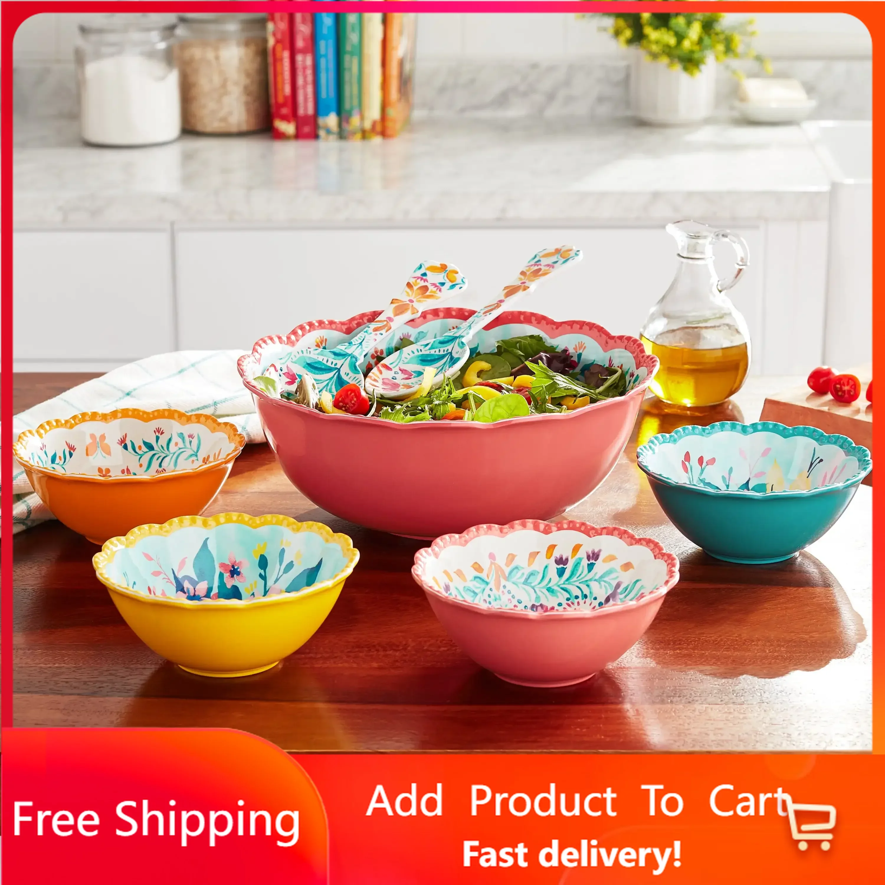 

Fresh Floral 7-Piece Melamine Serving Bowl Set, Ramen Bowl , Bowl Set , Bowl , Soup Bowl , Salad Bowl , Cute Bowl