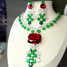 KQDANCE Luxury 33*28mm Lab Green Emerald Pearl Red Ruby Paraiba Tourmaline Diamond Choker Necklace Stone Earrings Jewelry Set