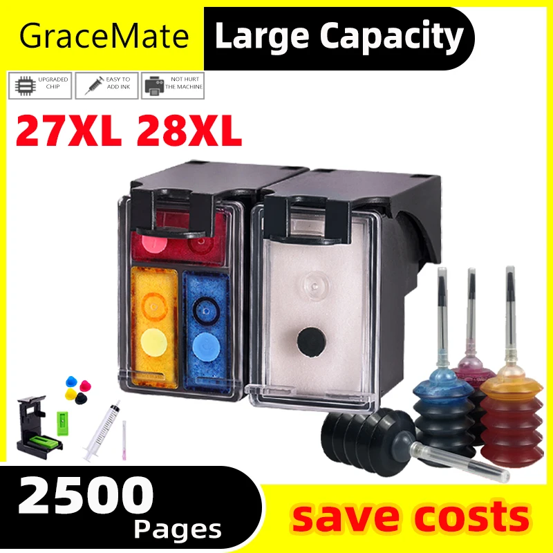 GraceMate 27XL 28XL Refillable Ink Cartridge Compatible for HP 27 28 hp27 for Deskjet 3320 3325 3420 3535 3550 3650 3744 Printer 
GraceMate 27XL 28XL Refillable Ink Cartridge Compatible for HP 27 28 hp27 for Deskjet 3320 3325 3420 3535 3550 3650 3744 Printer