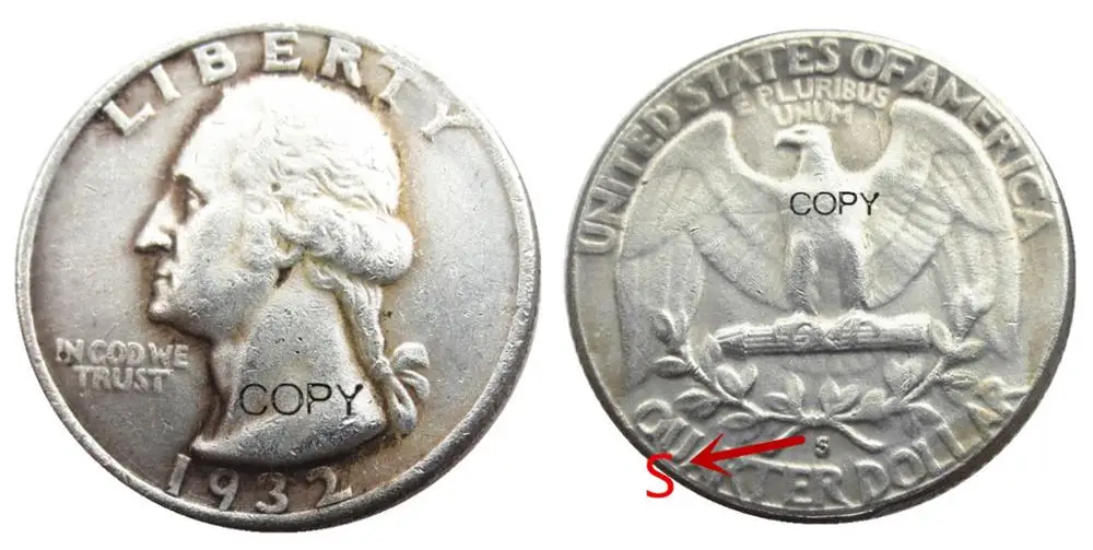 США 1932S квартал Вашингтон Посеребренная копия монеты
США 1932S квартал Вашингтон Посеребренная копия монеты