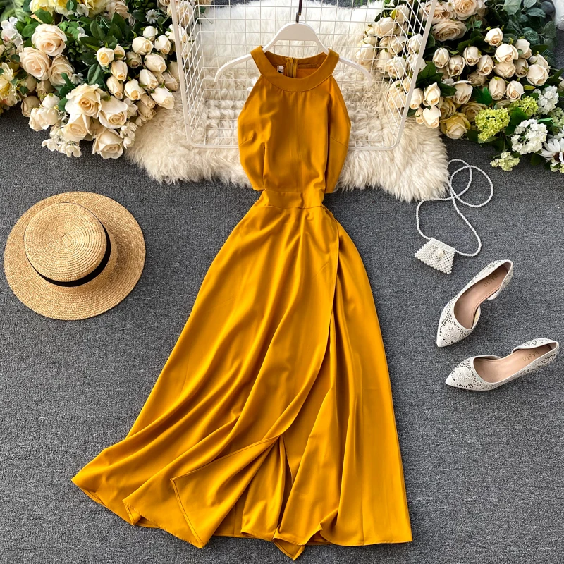 

Summer Spring Elegant Knitted Halter Solid Sleeveless Vivid Color Women Female A-line High Waist Long Dress