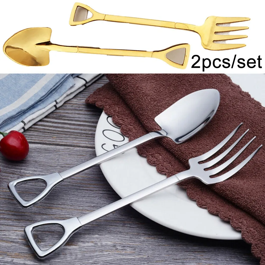

2*Stainless Steel Small Shovel Spoon Fork Tableware Coffee Stirring Spoon Silver/ Gold Tableware Kitchen Tools Accessories