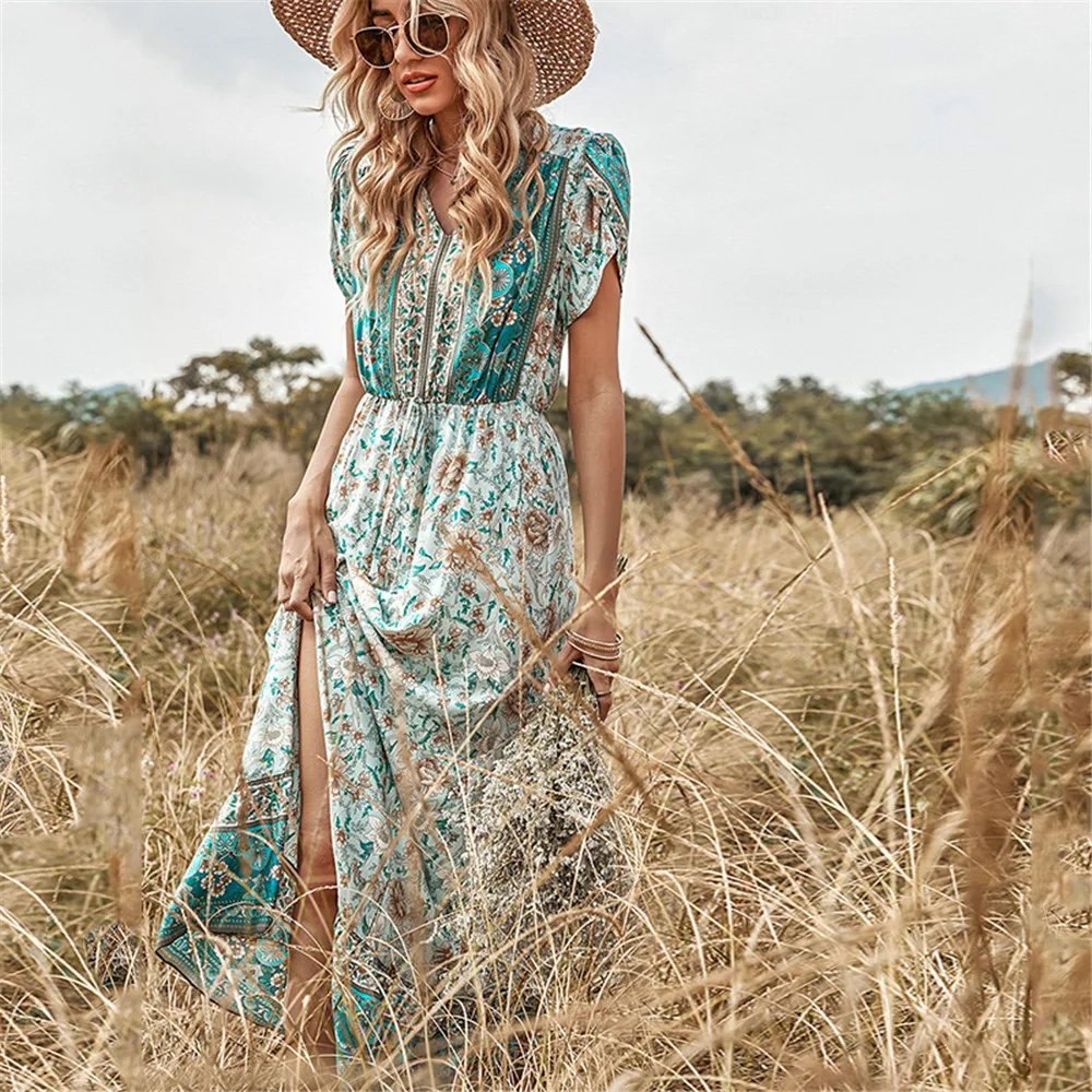 Fashion Dress Bohemian High Waist V Neck Green Print Single Breasted Pullover Short Sleeve Long Dress For Women Summer 2022
Fashion Dress Bohemian High Waist V Neck Green Print Single Breasted Pullover Short Sleeve Long Dress For Women Summer 2022