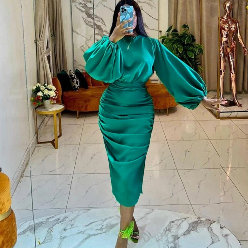 Elegant Women Long Sleeve Smocked Dresses Elastic Satin Bodycon Midi Dress Female Sparkly Evening Christmas Church Outfits 
Elegant Women Long Sleeve Smocked Dresses Elastic Satin Bodycon Midi Dress Female Sparkly Evening Christmas Church Outfits