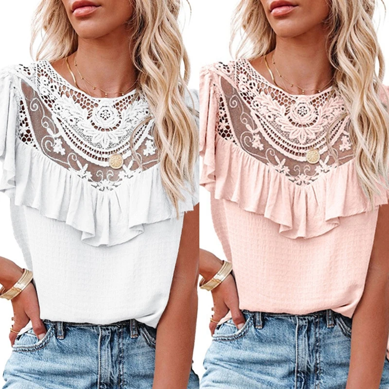 

Women Summer Flutter Ruffle Short Sleeve Shirts Hollow Out Crochet Floral Lace Splicing Blouse Solid Color Casual Loose Pullover