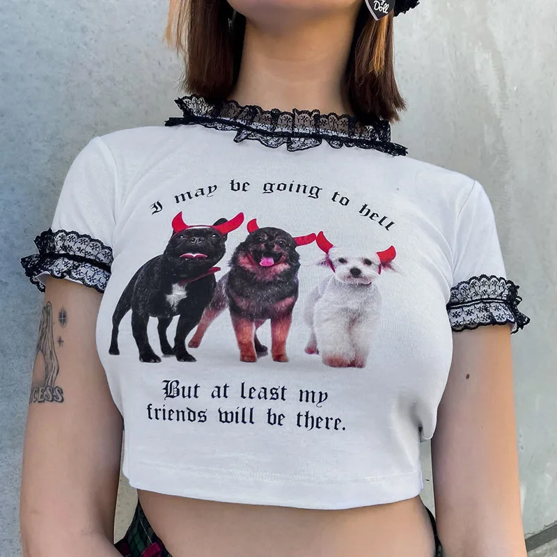 Women Fashion Lace Trim Dog Print T-shirt Stylish Short Sleeve Tops for Shopping Daily Wear
Women Fashion Lace Trim Dog Print T-shirt Stylish Short Sleeve Tops for Shopping Daily Wear