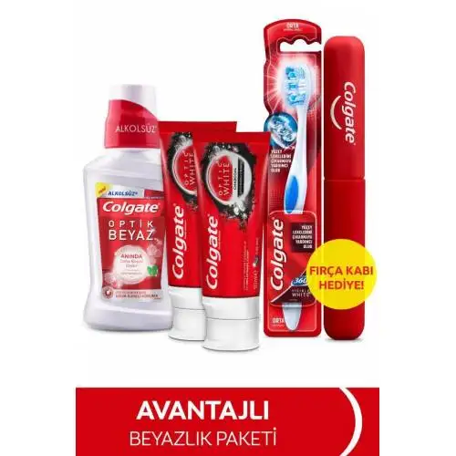 

Colgate Optic White Toothpaste 50 ml x2, 360 Medium Tooth Brush, mouthwash 250 ml + Brush Container Gift