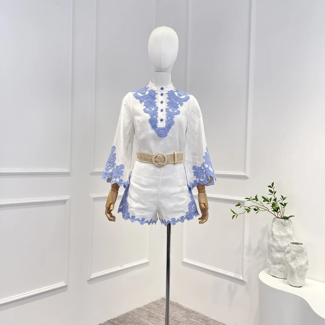 2023 New Linen High Quality Spring Summer Vintage Buttons Blue Lace Patchwork Long Sleeve Blouse and Shorts Woman Set
2023 New Linen High Quality Spring Summer Vintage Buttons Blue Lace Patchwork Long Sleeve Blouse and Shorts Woman Set