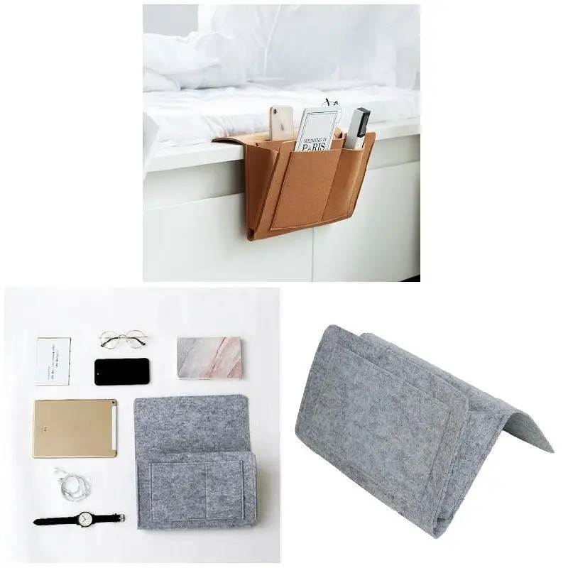 

Bedside Felt Storage Bag With Pockets Bed Sofa Desk Hanging Organizer For Phone Magazines Tablets Remotes