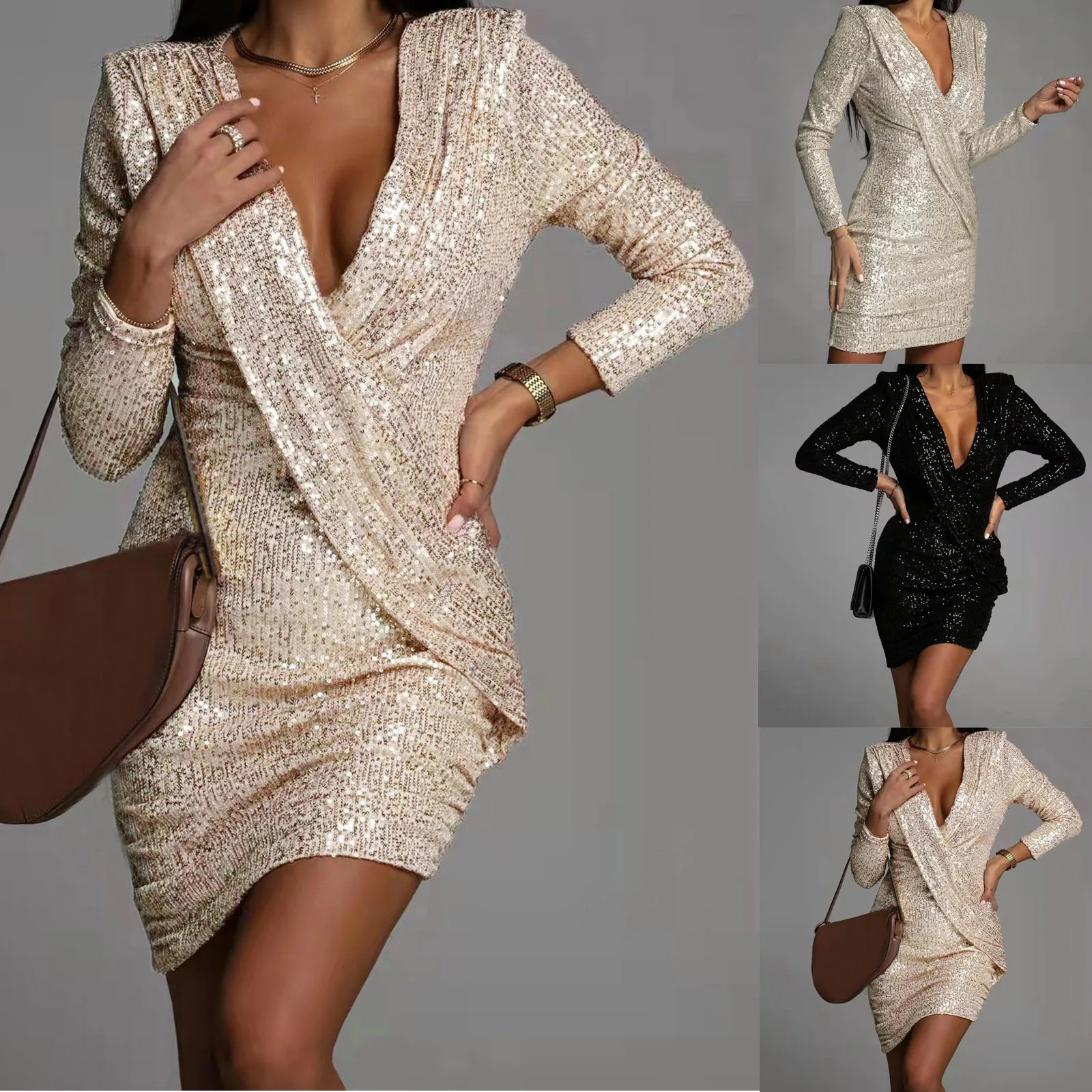 Women Sexy Sequins Glitter Sparkle Deep V Neck Wrap Gold Dress Female Tassel Sleeves Mini Evening Party Wrap Hip Package Dresses
Women Sexy Sequins Glitter Sparkle Deep V Neck Wrap Gold Dress Female Tassel Sleeves Mini Evening Party Wrap Hip Package Dresses