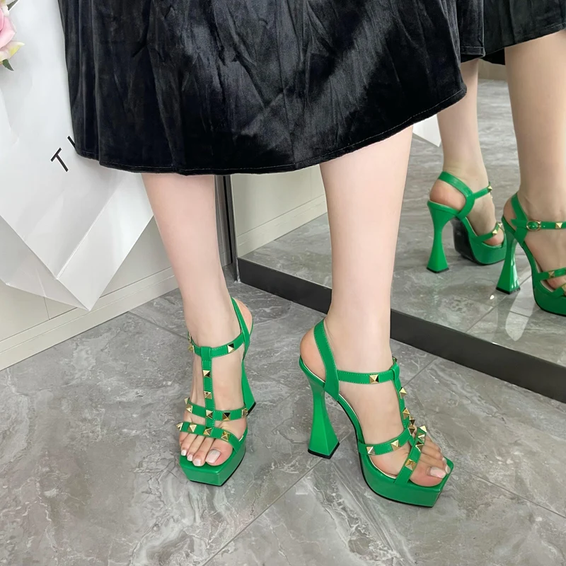 

14cm Green High-Heeled Sandals Rivet Gladiator Chunky Platform Shoes Summer Fashion Party Shoes For Women Sandalen Dames