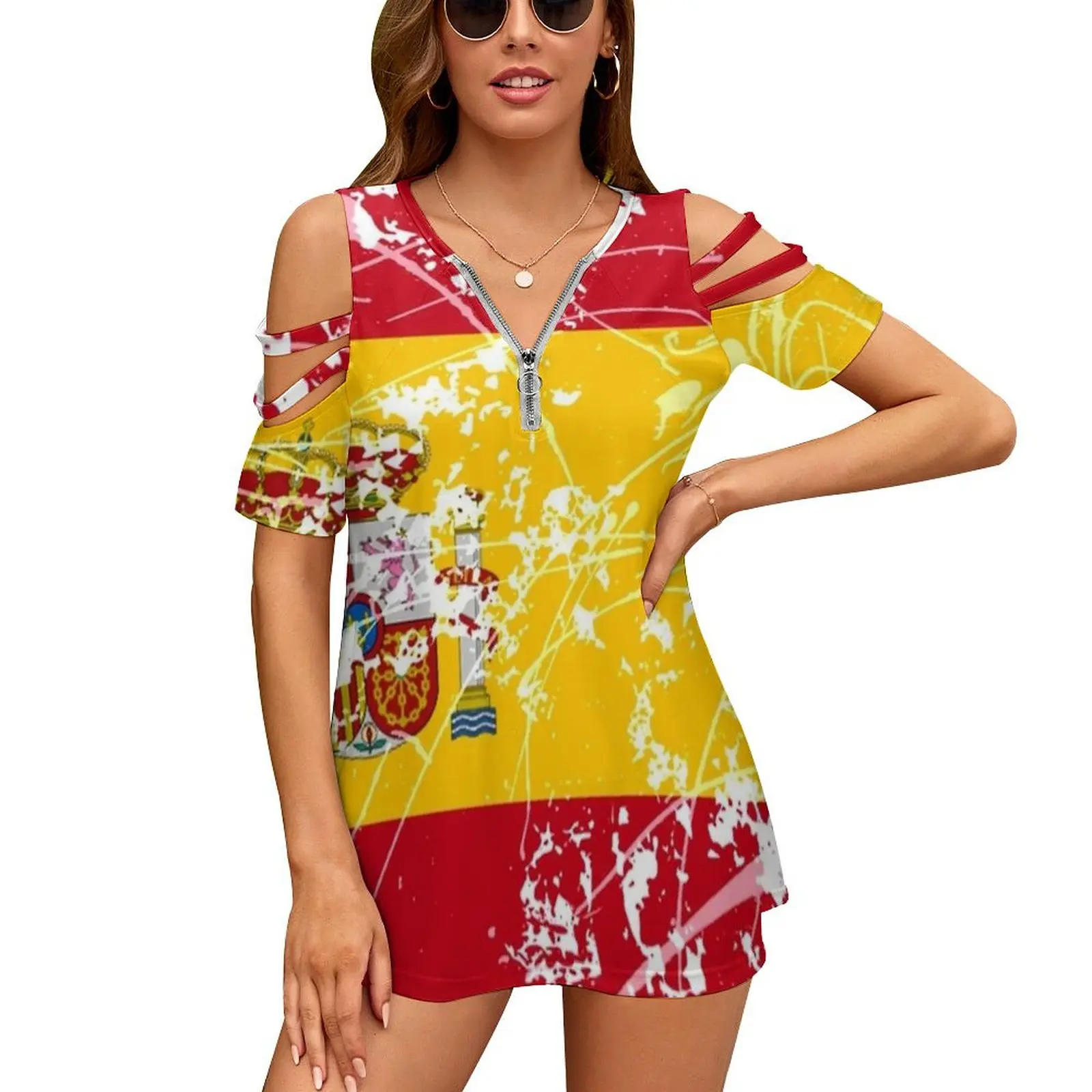 Spanish Flag Women'S T-Shirt Summer Fashion Print Floral V-Neck Zipper Tshirt Hollow Pullover Ladies Top Spain Spanish Spanish
Spanish Flag Women'S T-Shirt Summer Fashion Print Floral V-Neck Zipper Tshirt Hollow Pullover Ladies Top Spain Spanish Spanish