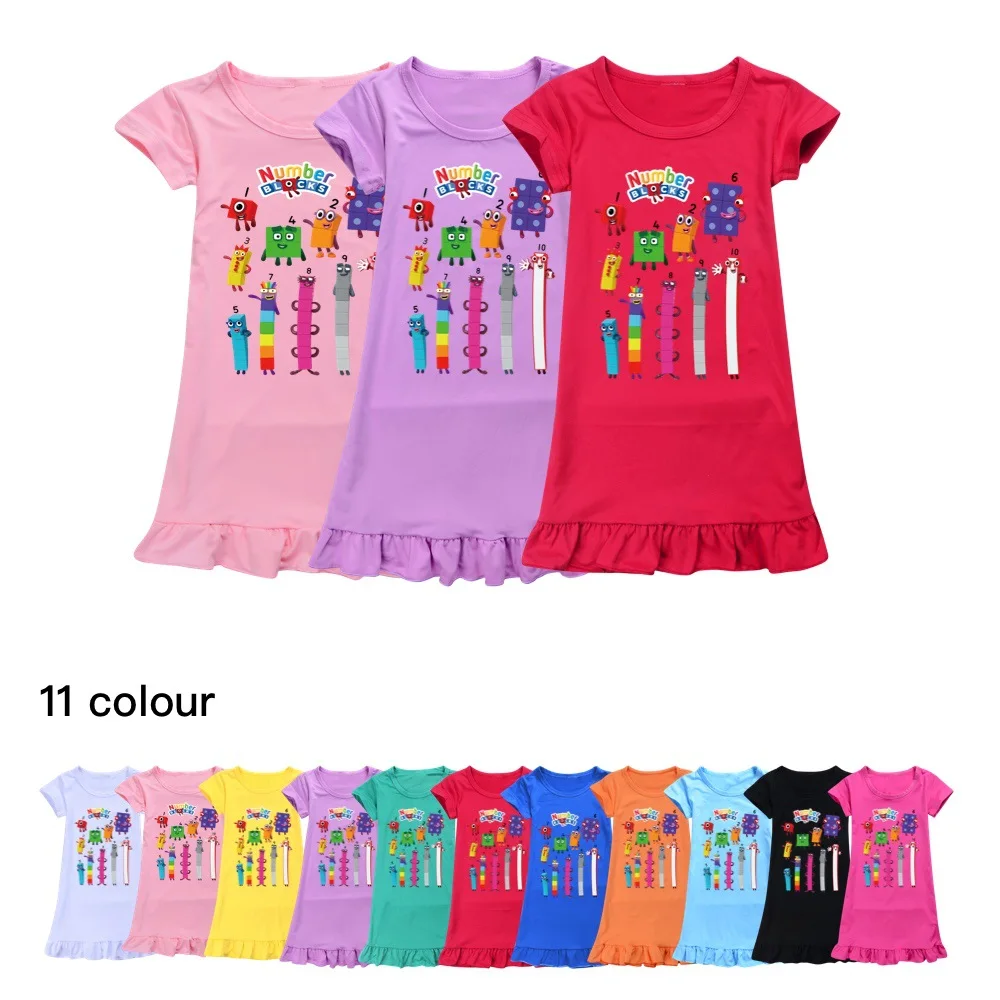 

2023 Summer Cartoon Nightgown Number Blocks Girls Dress Children Clothes Short Sleeve Pajamas Princess Dress Kids Sleepwear