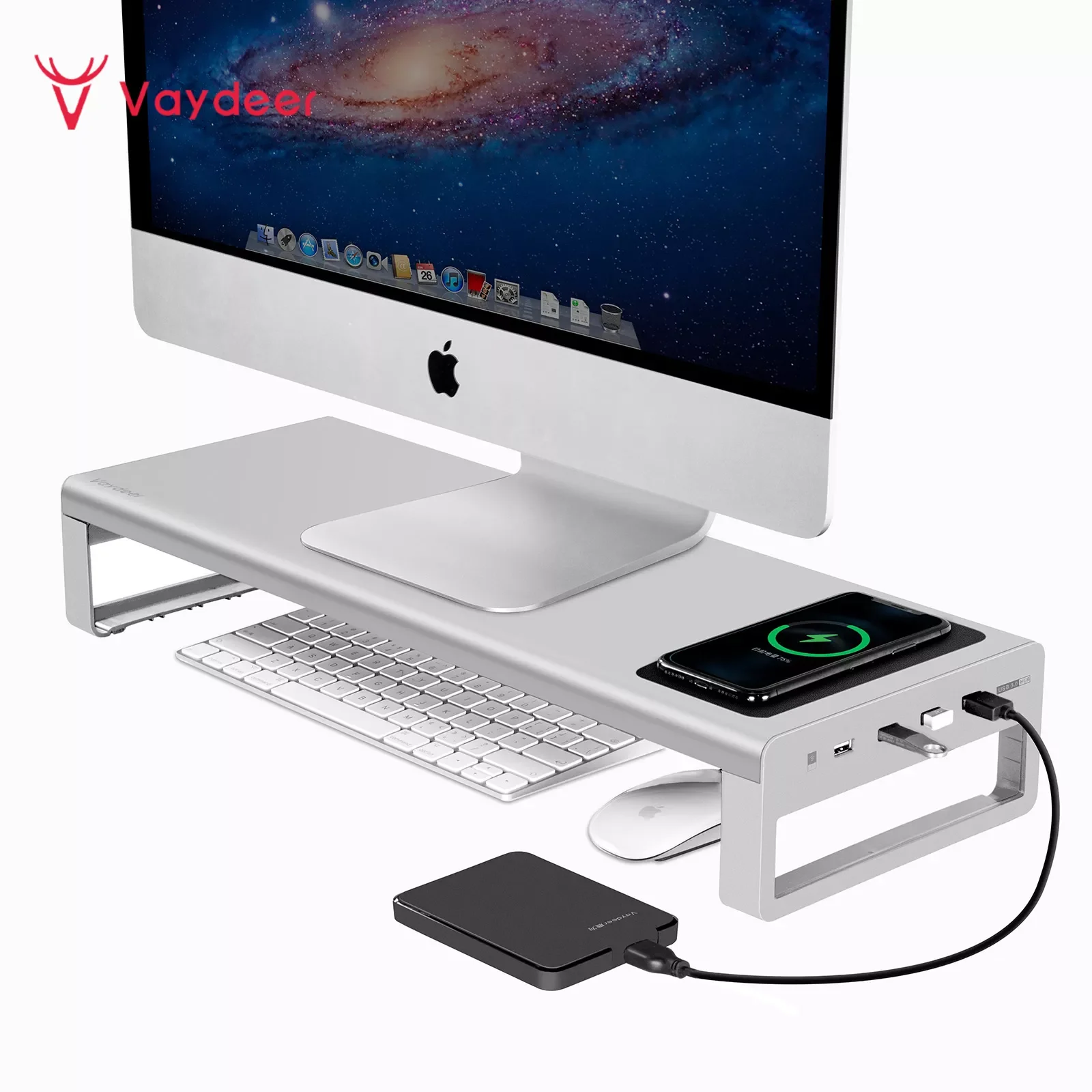 Silver Aluminium Wireless Charging Monitor Riser Stand with 4 USB3.0 Ports Data Transfer Charging Keyboard Mouse Desk Organizer
Silver Aluminium Wireless Charging Monitor Riser Stand with 4 USB3.0 Ports Data Transfer Charging Keyboard Mouse Desk Organizer
