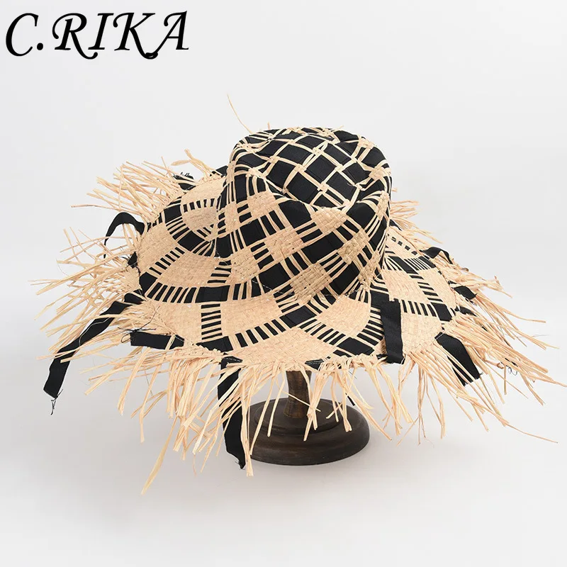 

New Niche Splicing Raffia Sun Hat Women Summer Big Brim Floppy UV Protection Beach Hat Women Seaside Vacation Sunshade Straw Hat