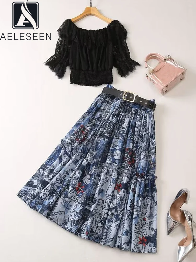 

AELESEEN 2023 Women Summer Suit Runway Fashion Black Slash Neck Lace Blouse + Flower Print Belt Skirt Elegant Party Holiday Sets