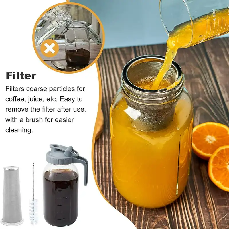 Brew Coffee Maker Jar - 64oz Thick Glass Multipurpose Mason Pitcher Spout Lid with Handle & Stainless Steel Filter for Iced Brew
Brew Coffee Maker Jar - 64oz Thick Glass Multipurpose Mason Pitcher Spout Lid with Handle & Stainless Steel Filter for Iced Brew