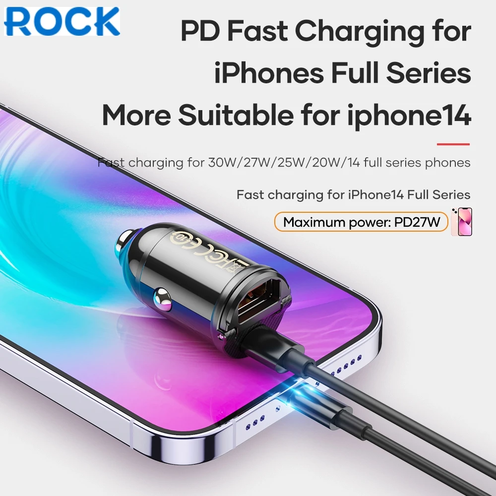 

Автомобильное зарядное устройство ROCK, USB C, 30 Вт, PD, QC3.0, 4.8A, два порта, быстрая мини-зарядка для iPhone 14 ProMax/13/12, iPad, MacBook, Samsung, Xiaomi