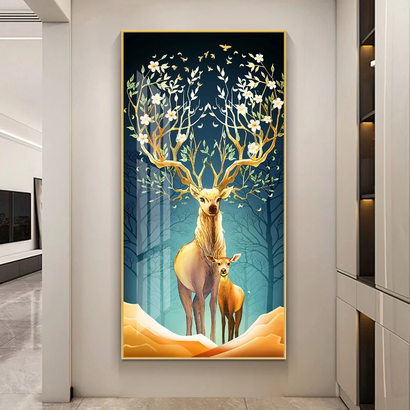 

Golden Elk Artistic Landscape Decorative Canvas Painting Deer Family Posters Prints Wall Art for Living Room Porch Decoration