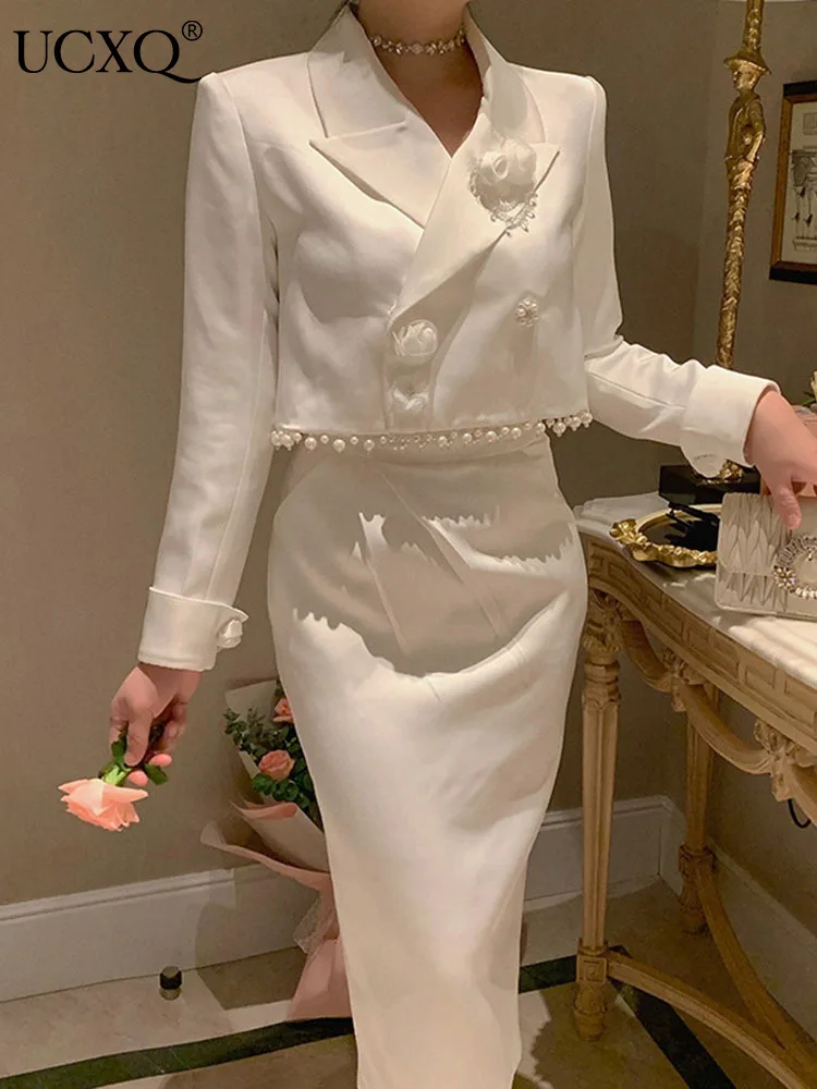 

UCXQ High End Temperament 3D Floral Spliced Hem Pearls Designer Blazer Jacket+ Mid-calf Skirts Women's 2023 Autumn New 23A4475