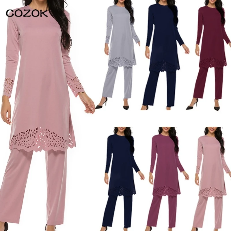 2022 Women Muslim 2 Pieces Outfit Hollow Out Split Long Sleeve Tunic Tops Pants Set Solid Color Abaya Dress Hijab Robe Kaftan
2022 Women Muslim 2 Pieces Outfit Hollow Out Split Long Sleeve Tunic Tops Pants Set Solid Color Abaya Dress Hijab Robe Kaftan