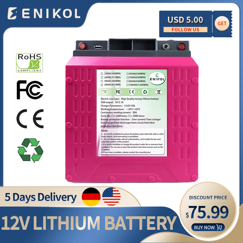 12V 45Ah 80AH LiFePO4 Battery 100Ah Lithium Power Batteries 1600 Cycles For RV Campers Golf Cart Off-Road Off-grid Solar Wind
12V 45Ah 80AH LiFePO4 Battery 100Ah Lithium Power Batteries 1600 Cycles For RV Campers Golf Cart Off-Road Off-grid Solar Wind