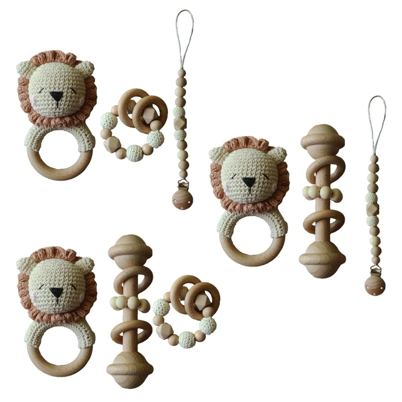 

3 Pcs/Set Baby Pacifier Chain Clip Dummy Nipple Holder Wooden Bracelet Crochet Lion Music Bell Teething Toy Rattle Soother Molar