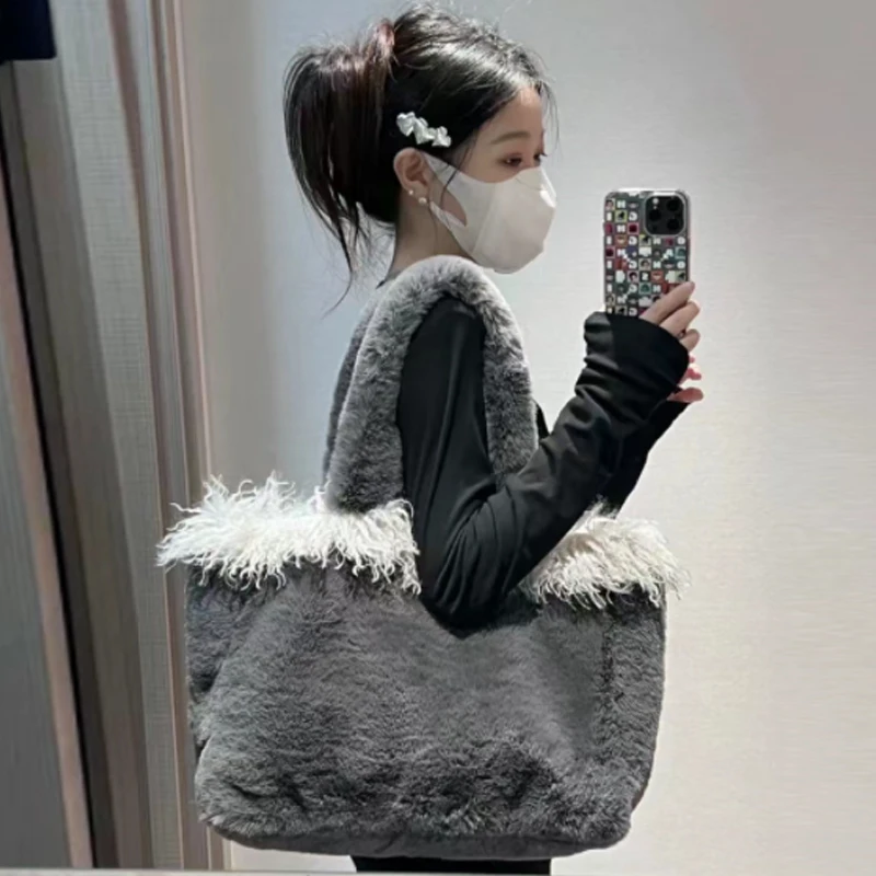Модные мягкие плюшевые женские сумочки, женский клатч из искусственного меха, сумка-тоут на плечо, вместительная сумка на плечо