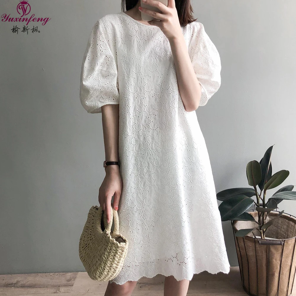 Plus Size White Cotton Dress Women Summer Half Sleeve Hollow Out Puff Sleeve Large Size Lace Dresses Female M-5XL Yuxinfeng
Plus Size White Cotton Dress Women Summer Half Sleeve Hollow Out Puff Sleeve Large Size Lace Dresses Female M-5XL Yuxinfeng