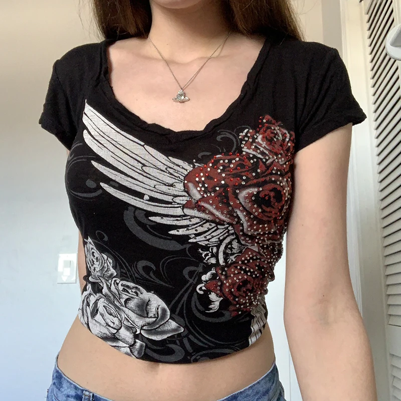 2022 Women's Short Sleeve Short T-Shirt Flower Wing Printed Round Neck Street Style Tee Shirt, Casual Simple Tops
2022 Women's Short Sleeve Short T-Shirt Flower Wing Printed Round Neck Street Style Tee Shirt, Casual Simple Tops